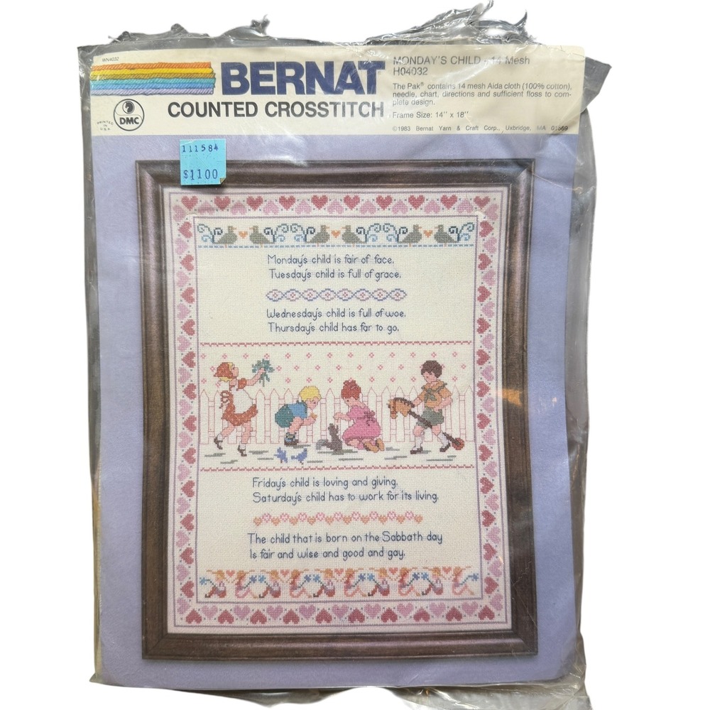 Bernat Monday's Child Counted Cross Stitch Kit 14x18 Vintage 1983 New